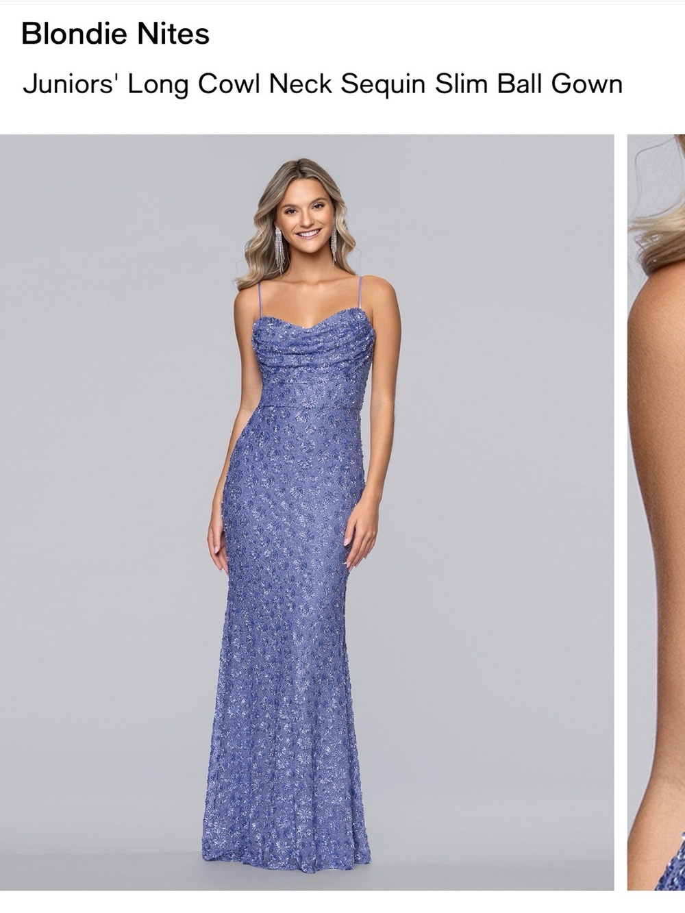 Blondie Nites Periwinkle Sequin Cowl Neck Maxi Dress. Elegant, beautiful dress.